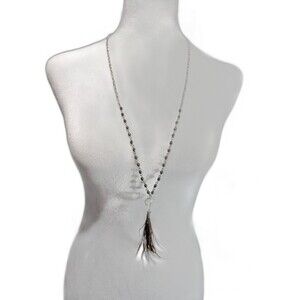 American Eagle Long Beaded Feather Necklace Boho Brown Silver Tone Tassel